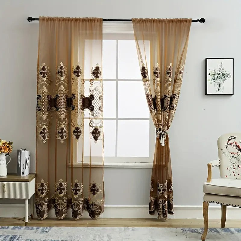 European Marvelous Embroidery Coffee Colored Polyester Fabric Tulle Window Curtain / Ruchi