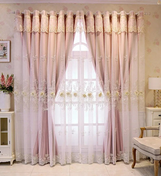 Double Layered Floral Embroidered Polyester Fabric Pink Tulle Window Curtain / Ruchi