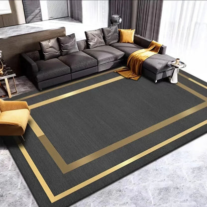 Black Gold Textured Polyester Fiber Anti Slip Living Room Rug / Ruchi