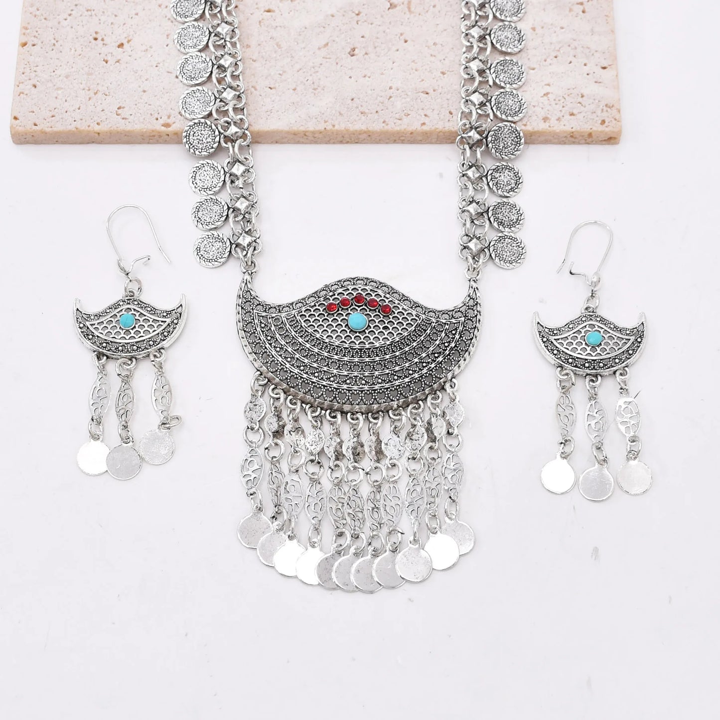 Bohemian Wave Shaped Coin Tassel Style Necklace Set / Ruchi