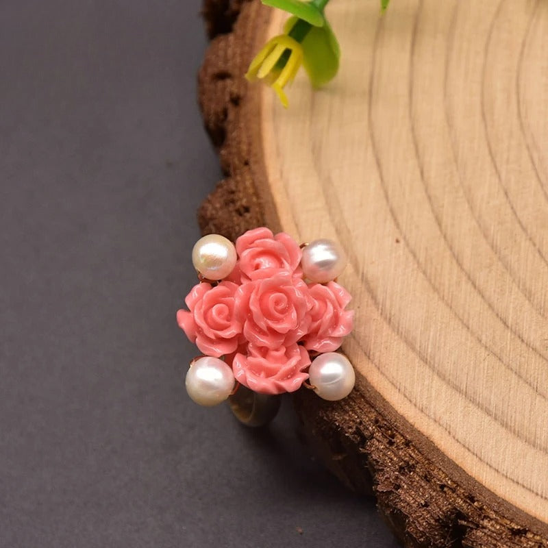 Enticing Pink Coral Pendant White Pearl Metal Ring / Ruchi