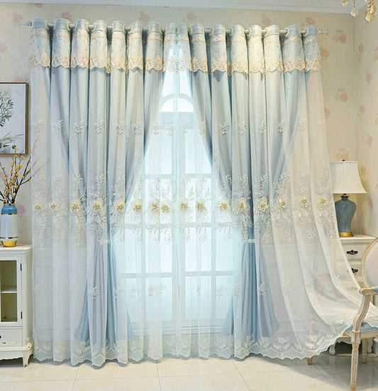 Dual Layered Flower Embroidery Polyester Fabric Blue Tulle Window Curtain / Ruchi