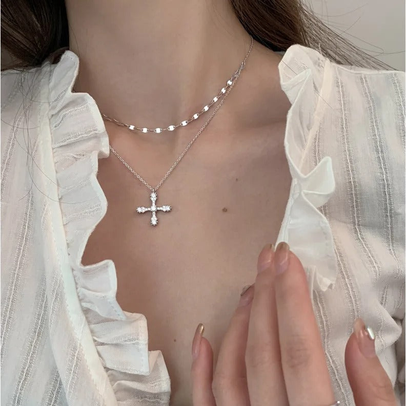 Double Chain Cross Design Pendant Crystal Zircon Silver Metal Necklace / Ruchi