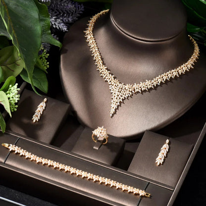 Elegant AAA Cubic Zircon Leaf Pattern Crystal Metal Golden Necklace Set / Ruchi