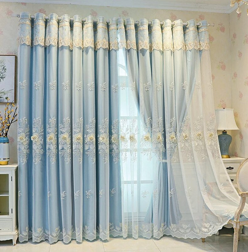 Dual Layered Flower Embroidery Polyester Fabric Blue Tulle Window Curtain / Ruchi