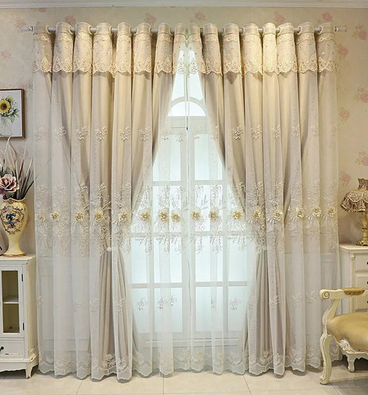 Enticing Floral Embroidery Polyester Fabric Beige Tulle Window Curtain / Ruchi