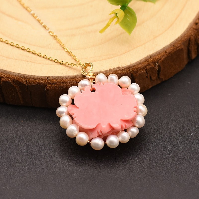 Endearing Pink Rose Coral Petal White Pearl Metal Necklace / Ruchi