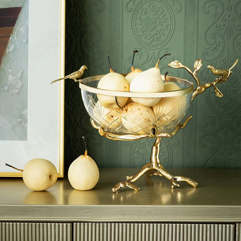 Bird Nest Design Glass Bowl With Brass Leg Fruit Tray / Ruchi