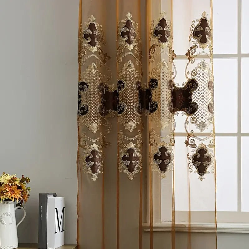 European Marvelous Embroidery Coffee Colored Polyester Fabric Tulle Window Curtain / Ruchi