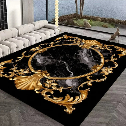 Enticing Black Golden Hue Flannel Rectangular Non-Skid Living Room Rug / Ruchi