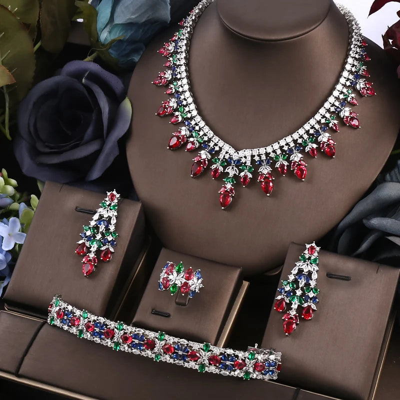 4 Pieces Turquoise Cubic Zirconia CZ Crystal Women Necklace Set / Ruchi