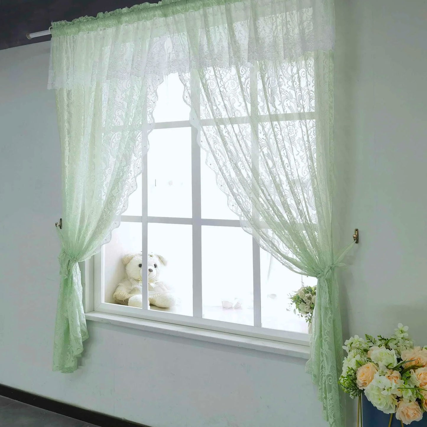 2 Pieces Green Valance Style Tulle Polyester Window Curtain / Ruchi