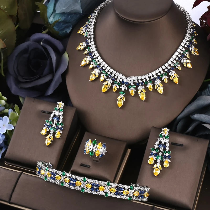 4 Pieces Turquoise Cubic Zirconia CZ Crystal Women Necklace Set / Ruchi