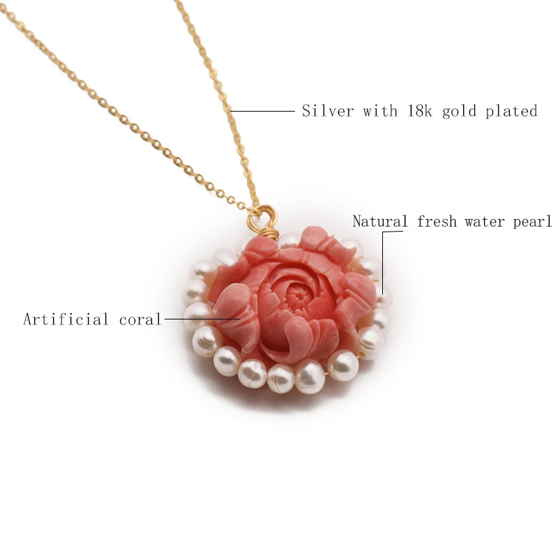 Endearing Pink Rose Coral Petal White Pearl Metal Necklace / Ruchi