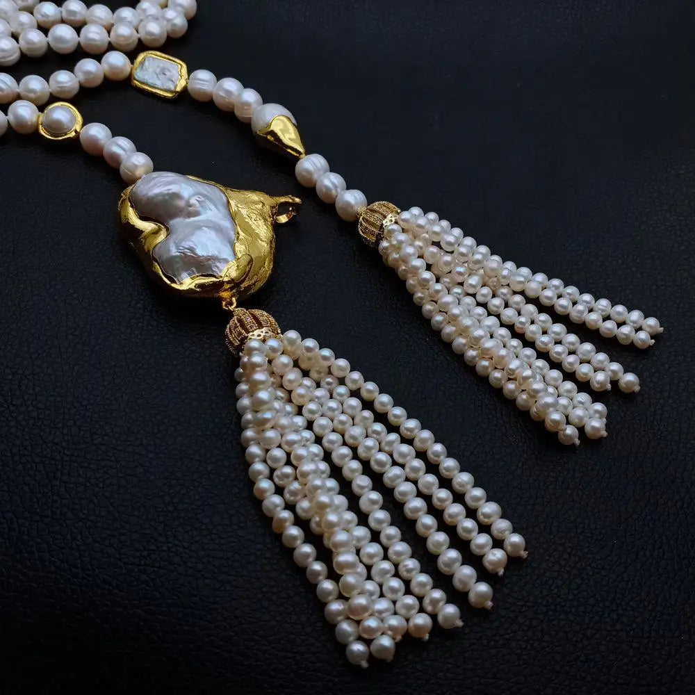 Endearing White Keshi Pearl Oval Pendant Necklace Chain / Ruchi