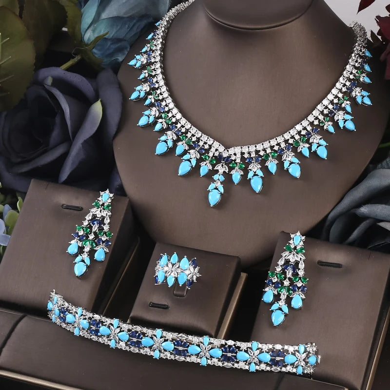 4 Pieces Turquoise Cubic Zirconia CZ Crystal Women Necklace Set / Ruchi