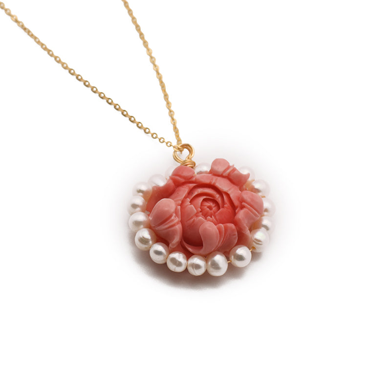 Endearing Pink Rose Coral Petal White Pearl Metal Necklace / Ruchi