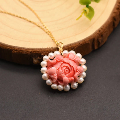 Endearing Pink Rose Coral Petal White Pearl Metal Necklace / Ruchi