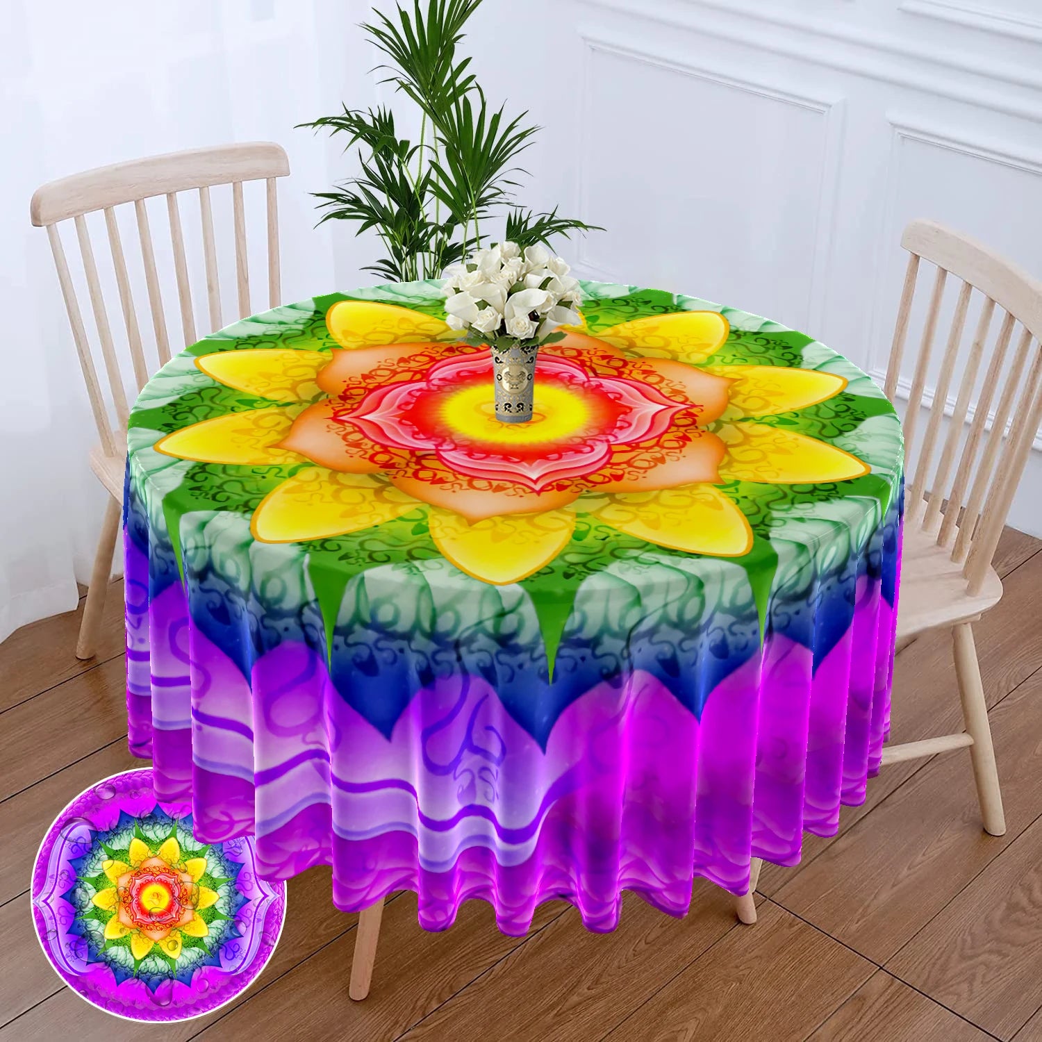 63" Magnificent Flower Embellished Round Polyester Table Cloth / Ruchi