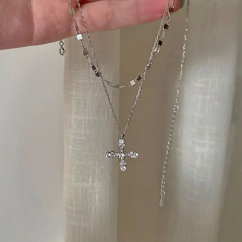 Double Chain Cross Design Pendant Crystal Zircon Silver Metal Necklace / Ruchi