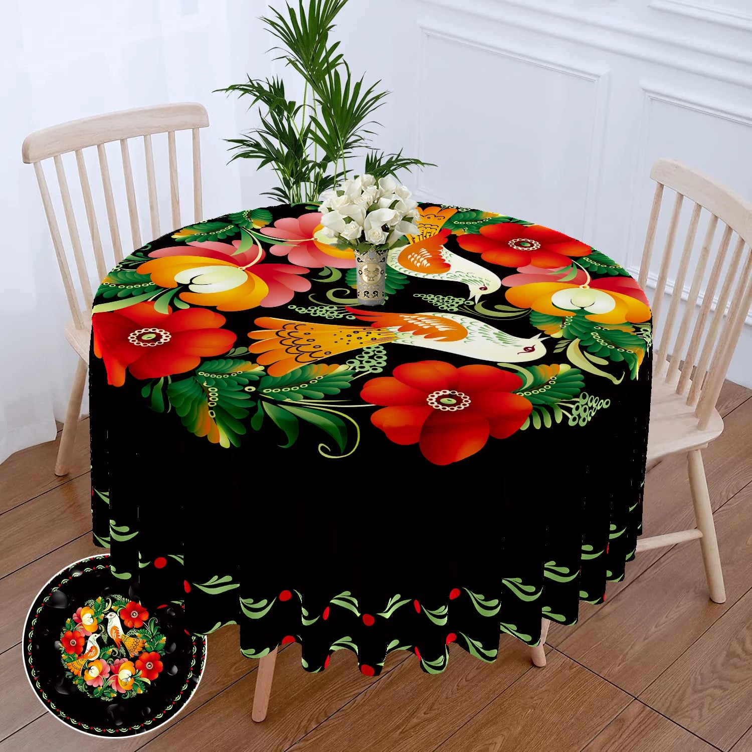 63" Magnificent Flower Embellished Round Polyester Table Cloth / Ruchi