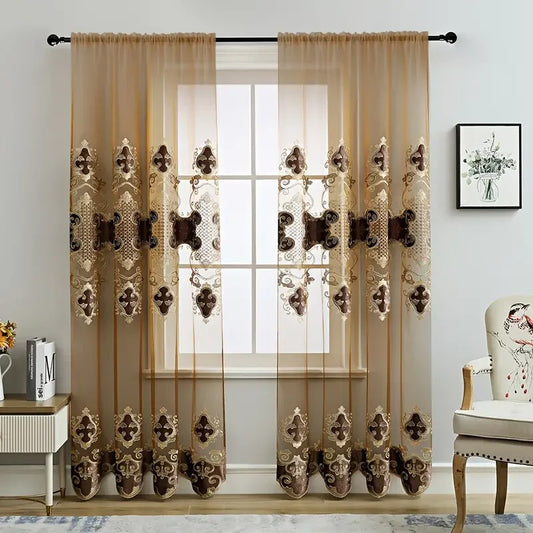 European Marvelous Embroidery Coffee Colored Polyester Fabric Tulle Window Curtain / Ruchi