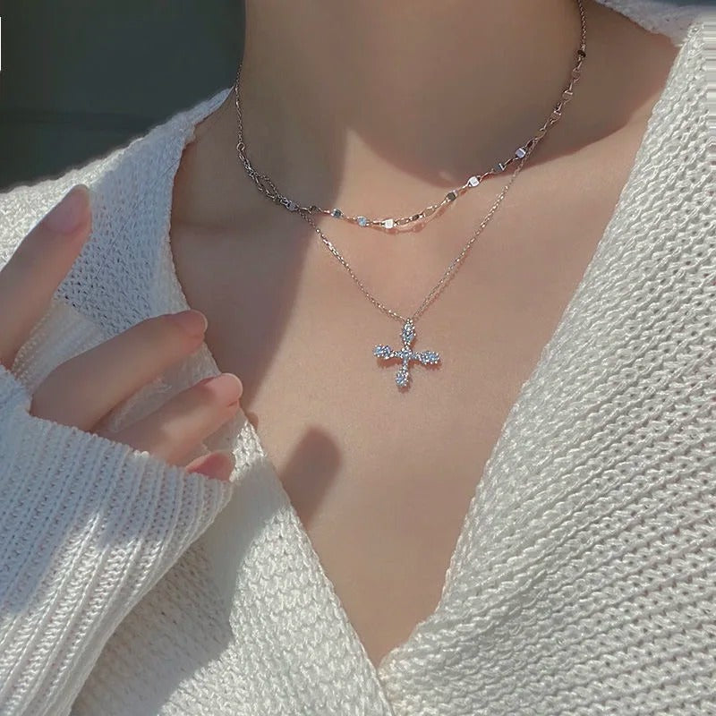 Double Chain Cross Design Pendant Crystal Zircon Silver Metal Necklace / Ruchi