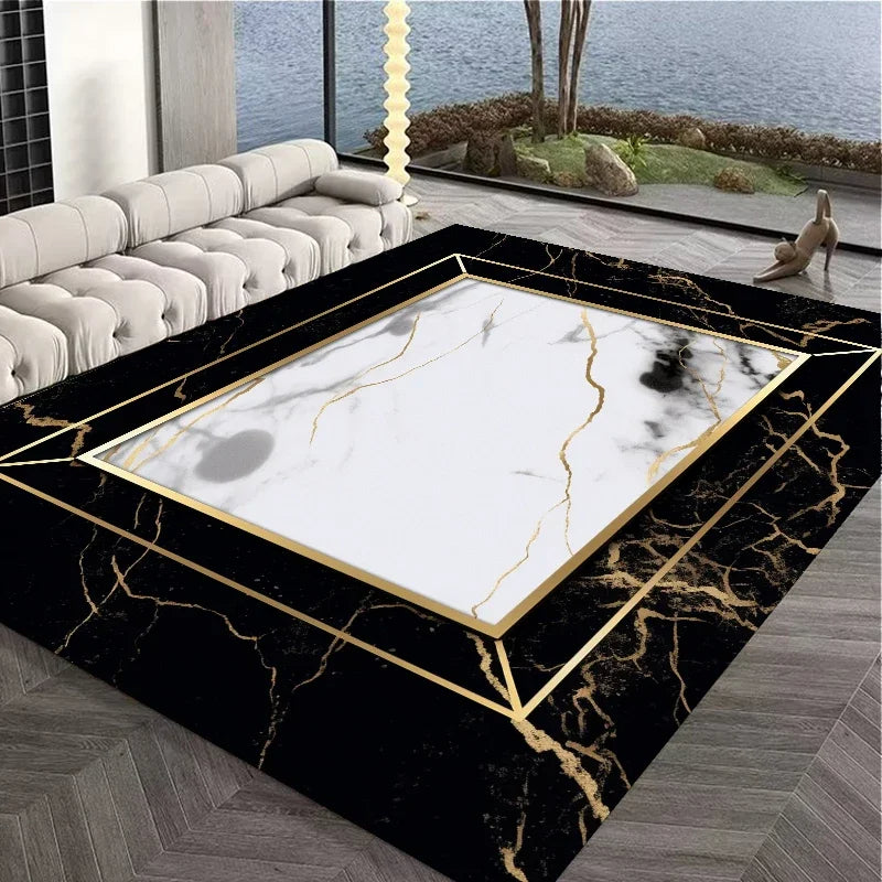 Black-Gold Marble Patterned Flannel Rectangular Anti-Slip Living Room Rug / Ruchi
