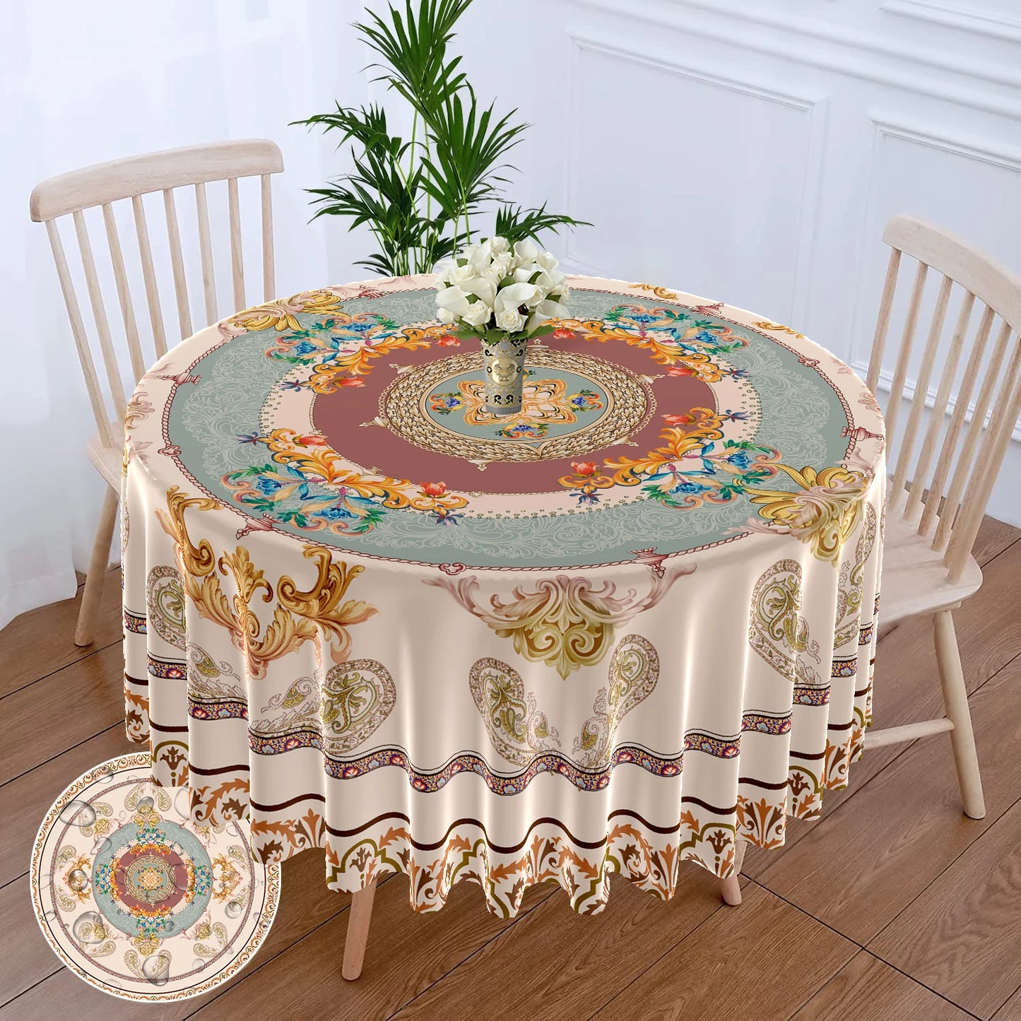 63" Magnificent Flower Embellished Round Polyester Table Cloth / Ruchi