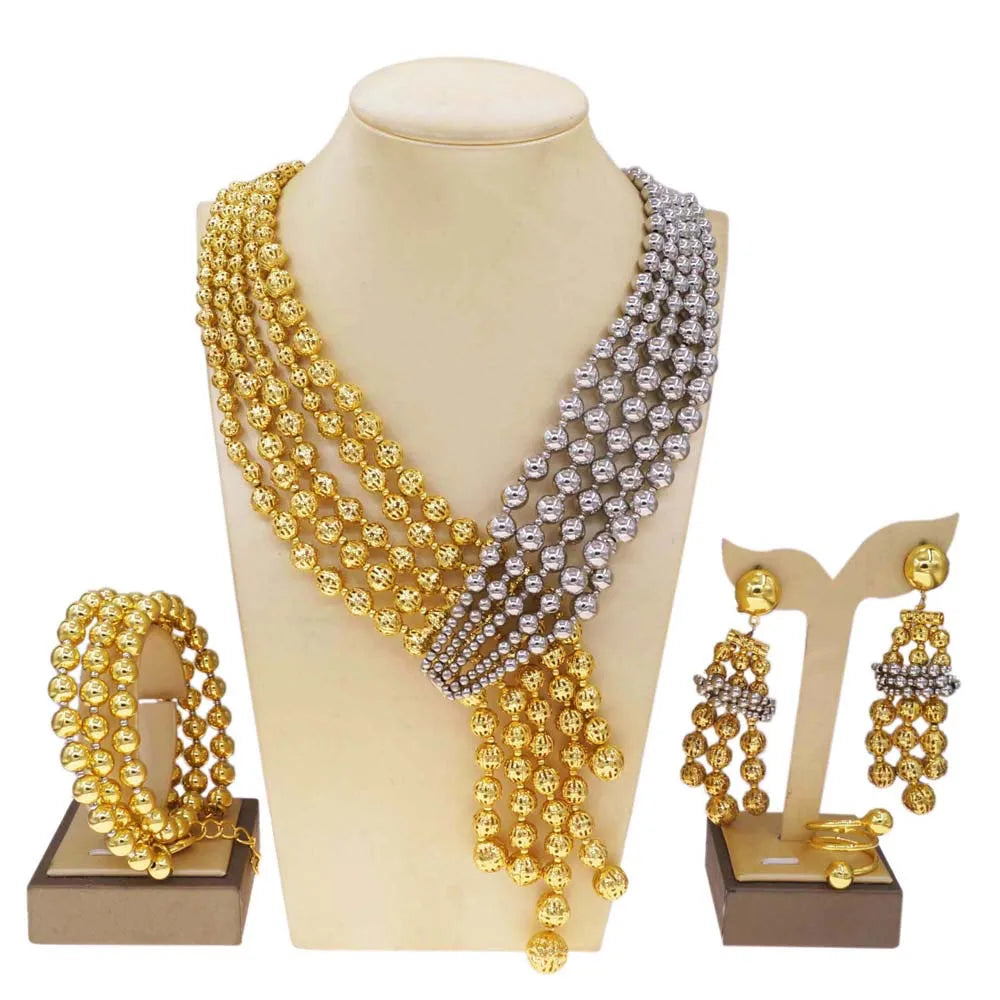 4 Pieces Two Tone Gold Plated Metal 4 Layer Round Bead Necklace Set / Ruchi