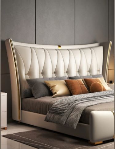 Modern Luxurious Leather King Size Bed With Night Stand / Ruchi