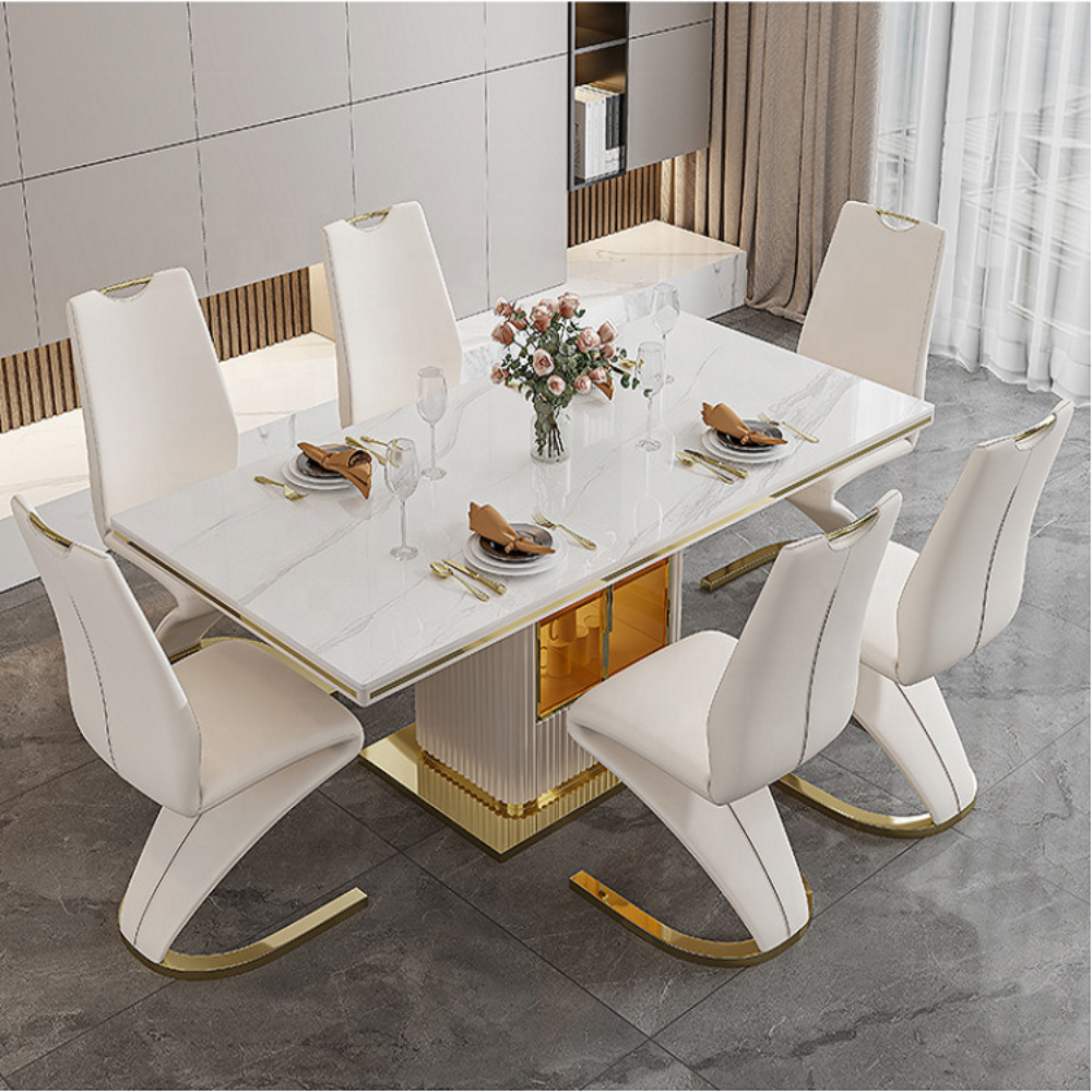 7 Pcs White And Gold Marble Top Dining Table Set With Storage / Ruchi