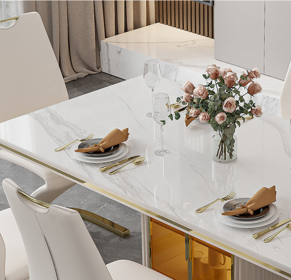 7 Pcs White And Gold Marble Top Dining Table Set With Storage / Ruchi