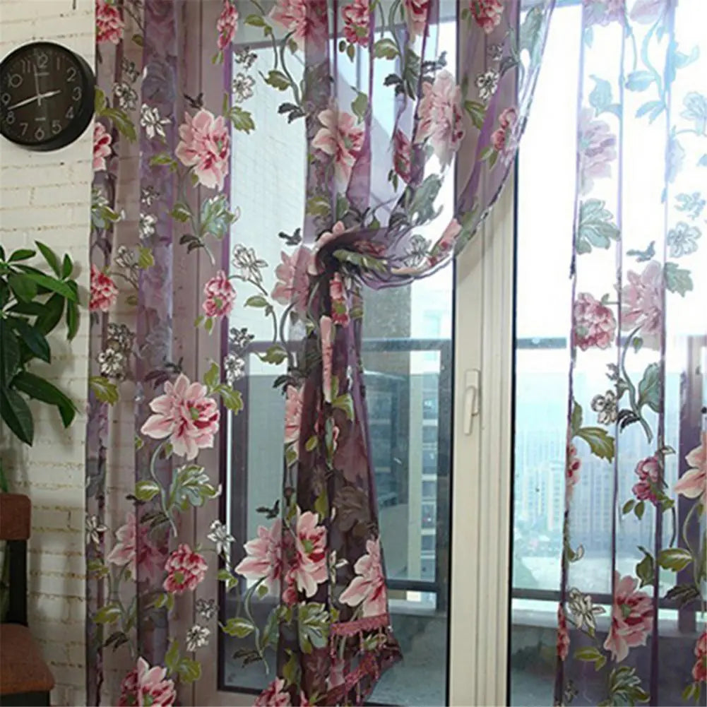 3D Floral Motif Transparent Polyester Fabric Window Curtain / Ruchi