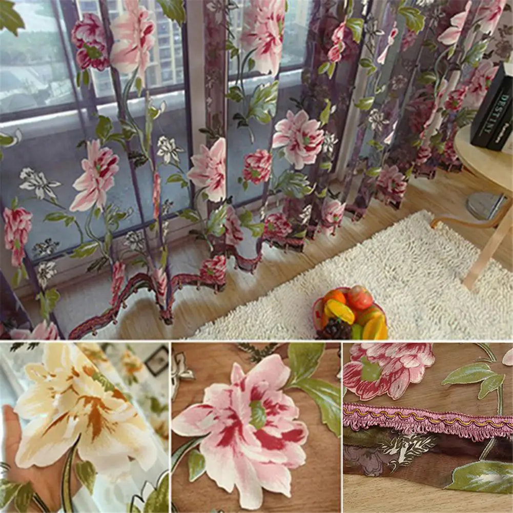 3D Floral Motif Transparent Polyester Fabric Window Curtain