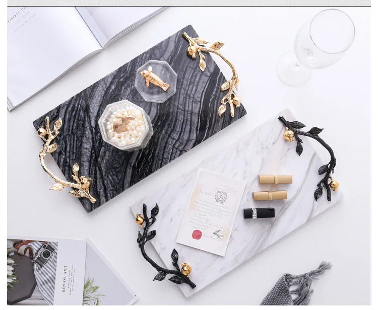 Artistic Design Marble Serving Tray With Metallic Handles / Ruchi