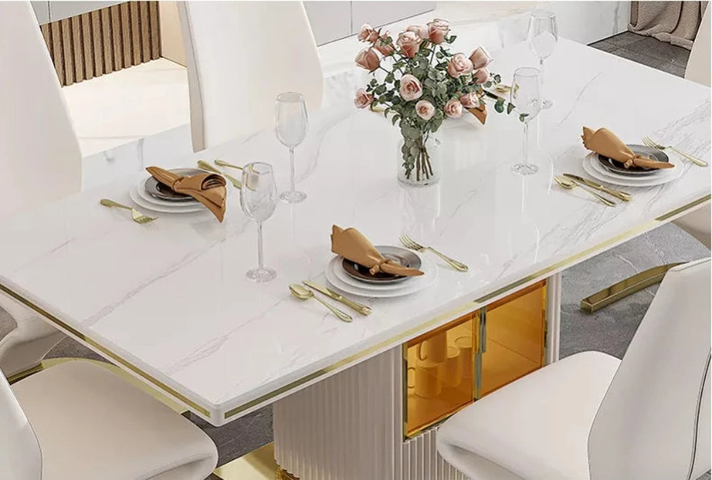 7 Pcs White And Gold Marble Top Dining Table Set With Storage / Ruchi