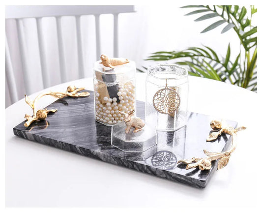 Artistic Design Marble Serving Tray With Metallic Handles / Ruchi