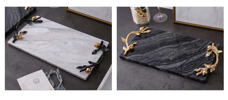 Artistic Design Marble Serving Tray With Metallic Handles / Ruchi