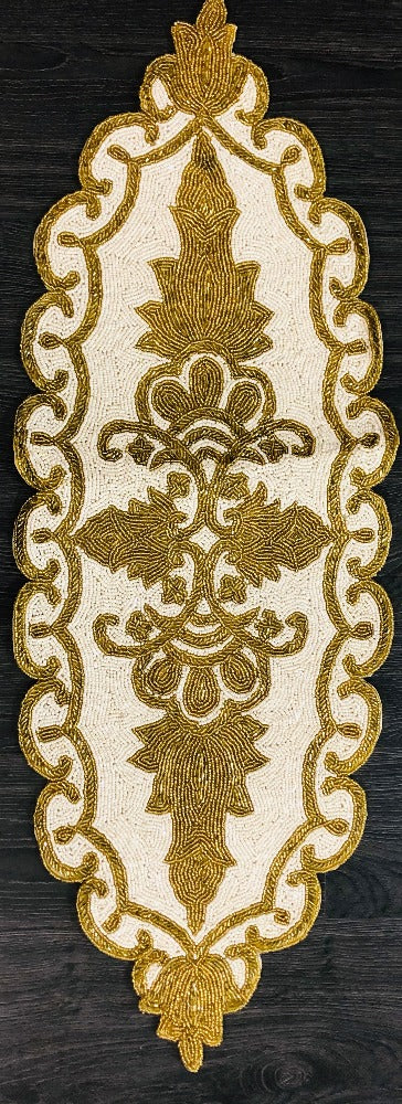 Enchanting Scalloped Edge Design Gold And White Beaded Table Runner / Ruchi