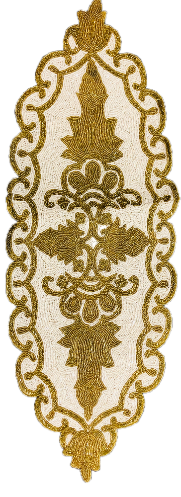 Enchanting Scalloped Edge Design Gold And White Beaded Table Runner / Ruchi