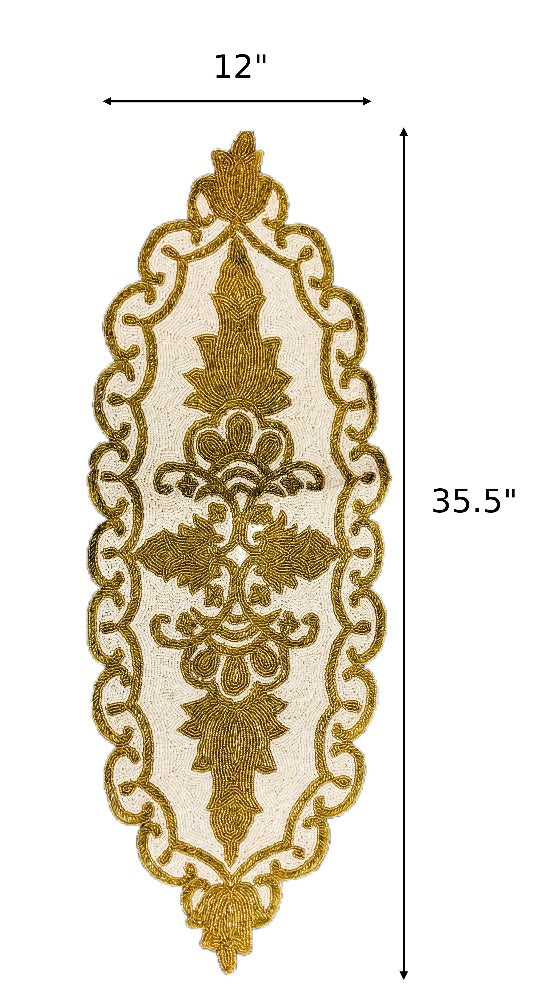 Enchanting Scalloped Edge Design Gold And White Beaded Table Runner / Ruchi