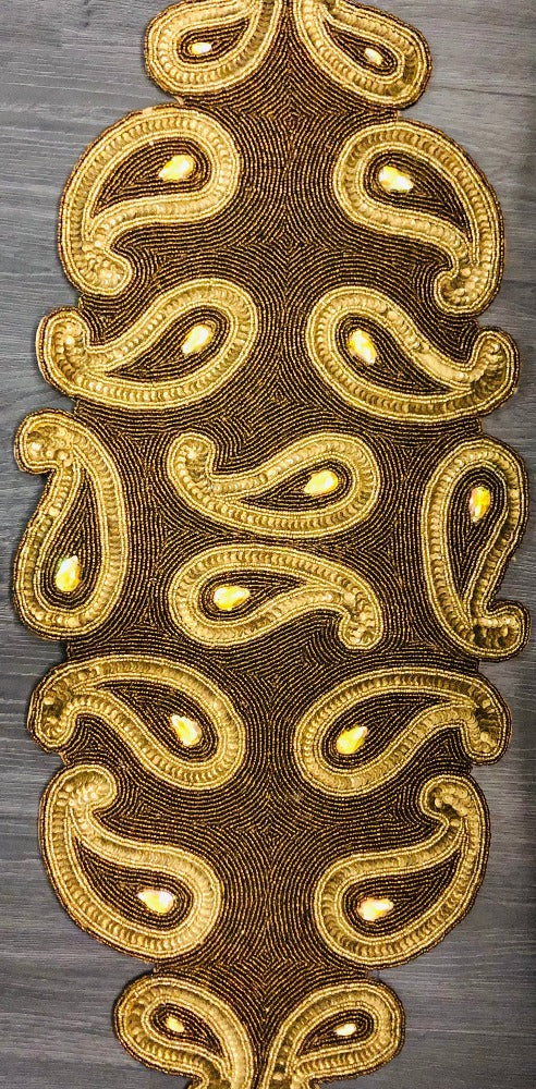 Paisley Textured Gold And Brown Beaded Table Runner / Ruchi