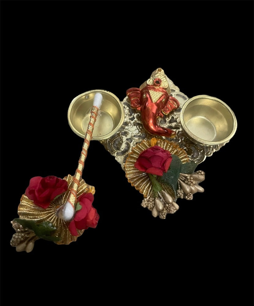 Set Of Ganesha Designed Raksha Bandhan Thali With Rakhi And Lumba / Ruchi