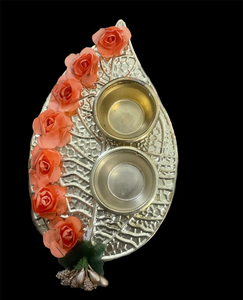 1 Set Of Floral Decorated Silver Finished Raksha Bandhan Thali With Rakhi / Ruchi
