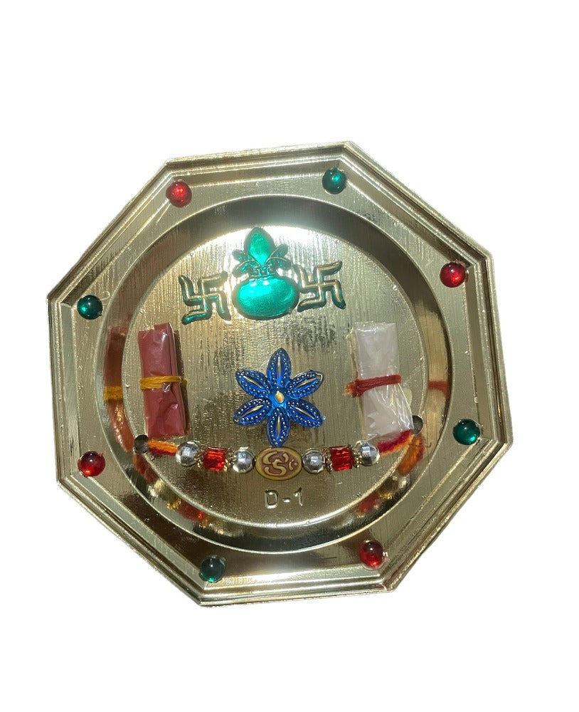 Raksha Bandhan Celebration Set With Octagonal Thali, Adorned Rakhi And Lumba / Ruchi