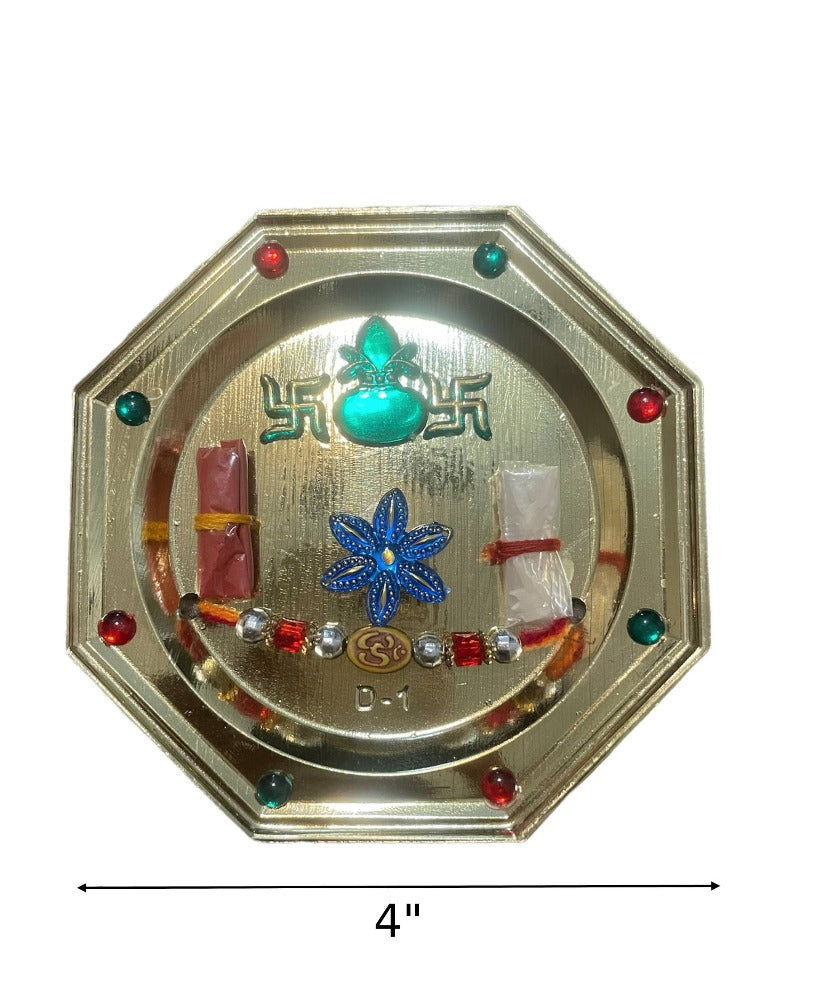 Raksha Bandhan Celebration Set With Octagonal Thali, Adorned Rakhi And Lumba / Ruchi