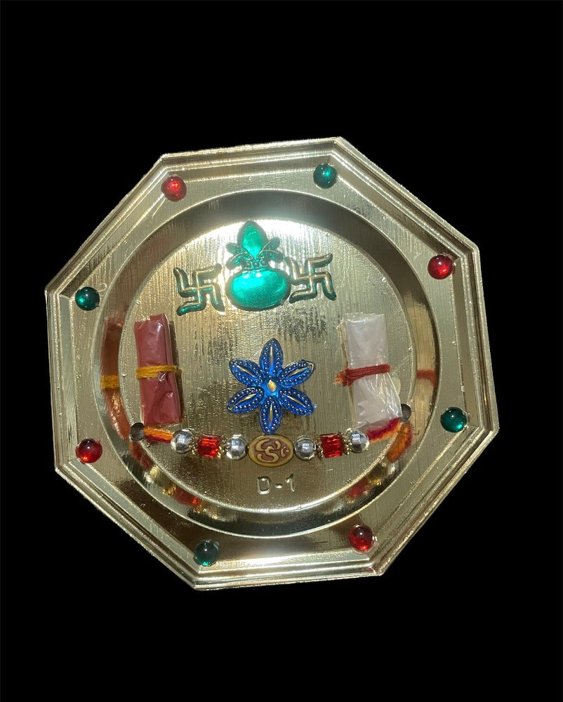 Raksha Bandhan Celebration Set With Octagonal Thali, Adorned Rakhi And Lumba / Ruchi