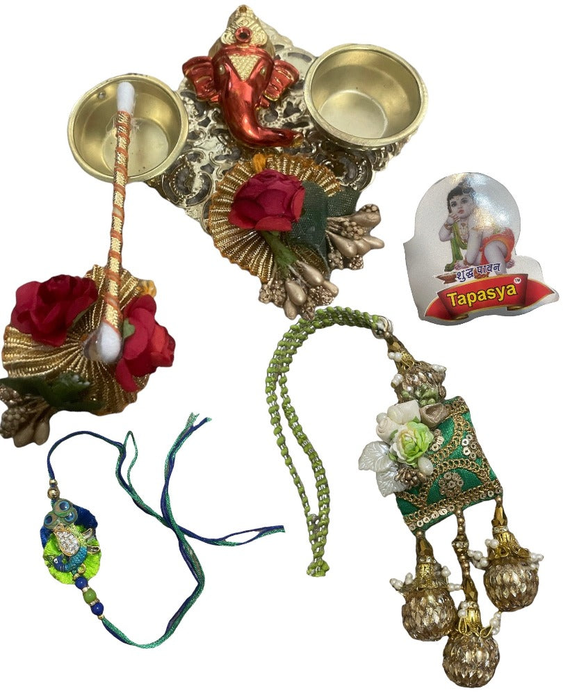 Set Of Ganesha Designed Raksha Bandhan Thali With Rakhi And Lumba / Ruchi