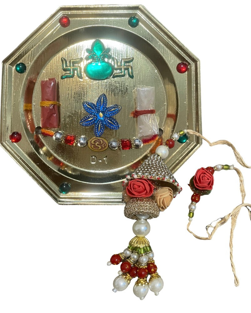 Raksha Bandhan Celebration Set With Octagonal Thali, Adorned Rakhi And Lumba / Ruchi